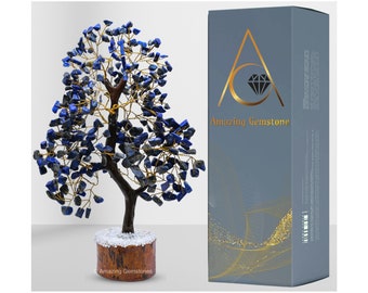 Lapis Lazuli Crystal Bonsai Tree of Life, Natural Handmade Healing Crystal Money Wire Tree for Home Office Table Decor (Free Gift Box)