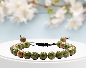 Pulsera de gema unakita hecha a mano, ajustable, con cristal curativo.