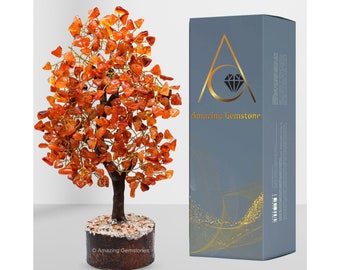 Carnelian Crystal Gemstone Bonsai Tree of Life, Natural Handmade Healing Crystal Money Tree for Home Office Table Decor (Free Gift Box)