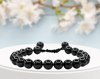 Black Tourmaline Healing Crystal Bracelet, Protection Crystal Bracelet for Men Women Kids, Adjustable Gemstone Bracelet (Free Velvet Pouch)