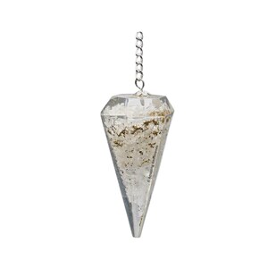 May include: A clear crystal pendulum with a silver chain. The pendulum is filled with small white crystals.