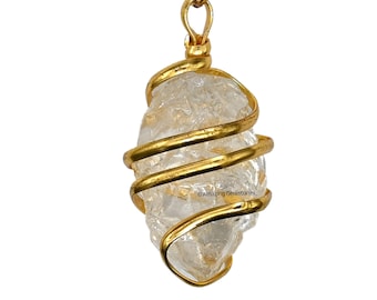 Clear Quartz Raw Crystal Pendant Necklace, Spiral Wire Wrapped
