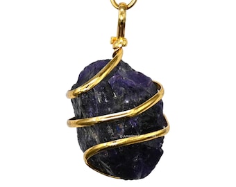 Raw Amethyst Crystal Pendant Necklace, Spiral Wire Wrapped Gemstone