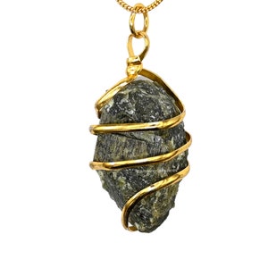 Vesuvianite Raw Crystal Pendant Necklace, Natural Spiral Wire Wrapped Gemstone Necklace for Men and Women, Gift for Her (Free Velvet Pouch)