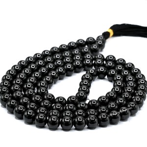 Black Tourmaline Mala Beads Necklace, Healing Crystal Meditation Japa Mala, Natural 108 Buddhist Mala Beads Necklace (Free Velvet Pouch)