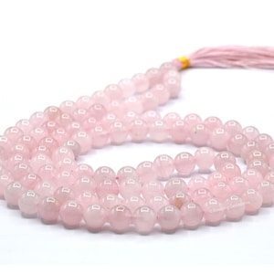 Rose Quartz Mala Prayer Beads Necklace, Healing Crystal Meditation Japa Mala, Natural 108 Buddhist Mala Beads Necklace (Free Velvet Pouch)