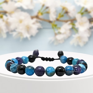 Healing Crystal Bracelets for Weight Loss, Black Tourmaline Apatite Lepidolite Gemstone Beaded Bracelet, Protection Bracelet (Free Pouch)