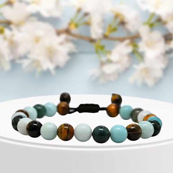 Virgo Zodiac Crystal Birthstone Bracelet With Amazonite Moss Agate Tiger Eye Beads, Adjustable Protection Bracelet (Free Zip Lock Pouch)