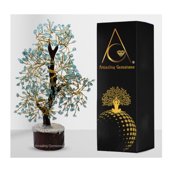 Apatite Healing Crystal Bonsai Tree of Life, Natural Handmade Gemstone Crystal Money Tree for Home Office Table Decor (Free Gift Box)