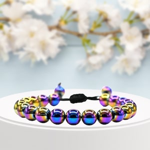 Bracciale in pietra di cristallo di ematite arcobaleno, braccialetto di cristallo di protezione per uomini, donne e bambini, braccialetto regolabile con pietre preziose (sacchetto con chiusura lampo gratuito)