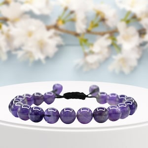 Amethyst Healing Crystal Stone Bracelet, Protection Crystal Bracelet for Men Women Kids, Adjustable Gemstone Bracelet (Free Velvet Pouch)