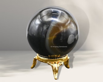 Esfera de cristal de ónix negro, bola de piedra natural con soporte.