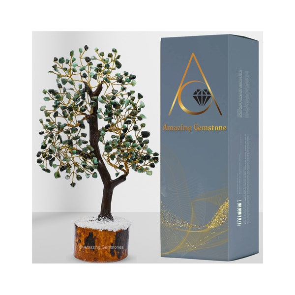 Emerald Healing Crystal Bonsai Tree of Life, Natural Handmade Gemstone Crystal Money Tree for Home Office Table Decor (Free Gift Box)