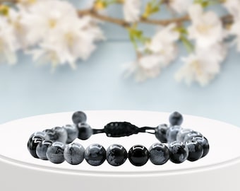 Schneeflocken Obsidian Kristall Armband, verstellbare Edelstein Perle, handgefertigt in den USA