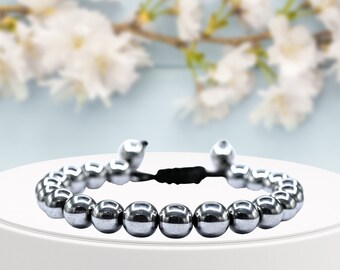 Silver Hematite Crystal Bracelet, Healing, Adjustable, Protection