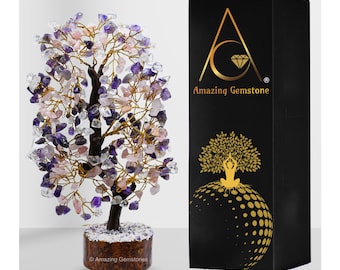 Amethist rozenkwartskristal bonsai levensboom, handgemaakte edelsteenboom