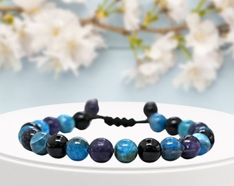 Healing Crystal Bracelets for Weight Loss, Black Tourmaline Apatite Lepidolite Gemstone Beaded Bracelet, Protection Bracelet (Free Pouch)