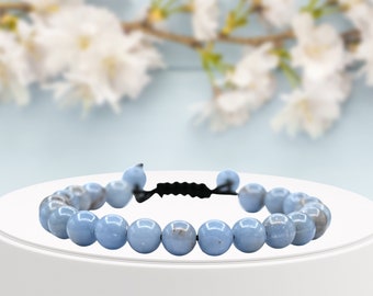 Pulsera de cristal de angelita, pulsera ajustable de cuentas de piedras preciosas, hecha a mano en EE. UU.