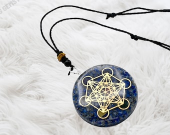 Lapis Lazuli Orgonite Pendant Necklace With Metatron Cube, Healing Crystal Necklaces for Women Men Kids, Gemstone Necklace, Gifts for Her