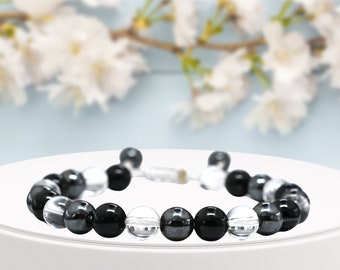 Libra Zodiac Healing Crystal Bracelet With Clear Quartz Black Tourmaline Hematite Beads, Adjustable Gemstone Bracelet (Free Zip Lock Pouch)