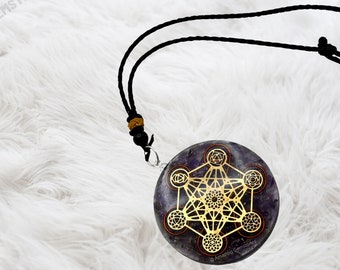 Amethyst Orgonite Pendant Necklace, Chakra Metatron Cube, Healing Crystal