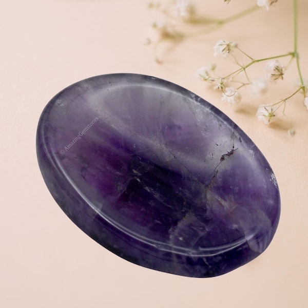 Amethyst Crystal Thumb Worry Stone, Healing Crystals, Polished Stones, Stress Relief Cabochon Stone, Mothers Day Gift (Free Velvet Pouch)