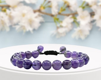 Amethyst Healing Crystal Stone Bracelet, Protection Crystal Bracelet for Men Women Kids, Adjustable Gemstone Bracelet (Free Velvet Pouch)