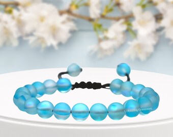 Aquamarine Sea Glass Bead Bracelet, Adjustable Mermaid Jewelry