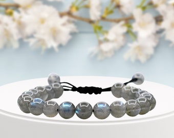 Labradorite Healing Crystal Stone Bracelet, Protection Crystal Bracelet for Men Women Kids, Adjustable Gemstone Bracelet (Free Velvet Pouch)
