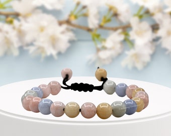 Morganite Beaded Bracelet, Healing Crystal Gemstone, Adjustable Protection