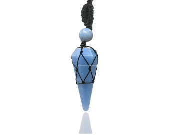 Angelite Crystal Pendulum Necklace: Macrame Stone Holder, Healing Jewelry
