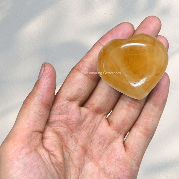 Citrine Crystal Puffy Heart Stone, Healing Crystal Heart Shaped Polished Massage Stone for Crystal Grid, Gift for Her (Free Velvet Pouch)