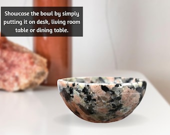 Pink Granite Crystal Serving Bowl, Gemstone Offering Bowl for Home and Kitchen Decor, Charging Bowl, Gift for Her (Free Velvet Pouch)