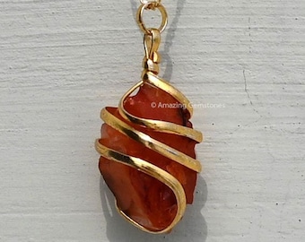 Carnelian Crystal Chain Necklace for Women, Spiral Wire Wrapped Raw Necklace, Crystal Jewelry, Mother&#39;s Day Gift (Free Velvet Pouch)