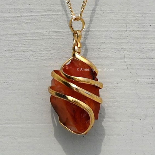 Carnelian Crystal Chain Necklace for Women, Spiral Wire Wrapped Raw Necklace, Crystal Jewelry, Mother's Day Gift (Free Velvet Pouch)