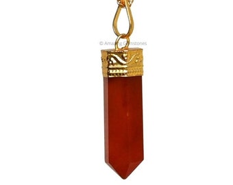 Carnelian Crystal Gold Chain Necklace with Cap Pencil Point for Women, Mens Necklace with Boho Cord, Mother's Day Gift (Free Velvet Pouch)