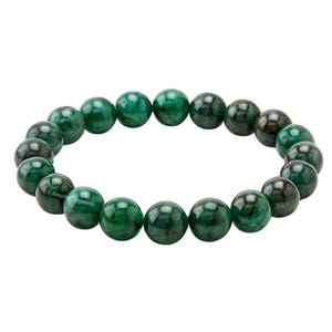 May include: A bracelet featuring a series of round, polished beads in varying shades of green. The beads are strung together, forming a complete circle. The bracelet is set against a plain white background.