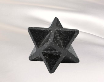 Nuummite Greenland Crystal 8 Point Merkaba Star, Hand Carved Star Merkaba for Crystal Grid, Natural Healing Crystals (Free Velvet Pouch)