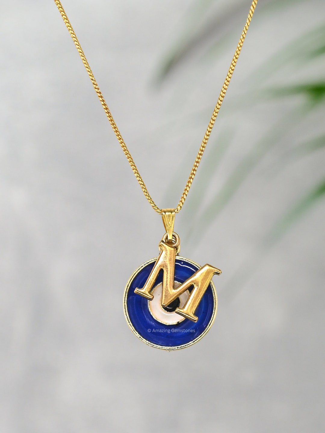Initial Evil Eye Letter M Necklace, 14K Gold Alphabet Necklace for