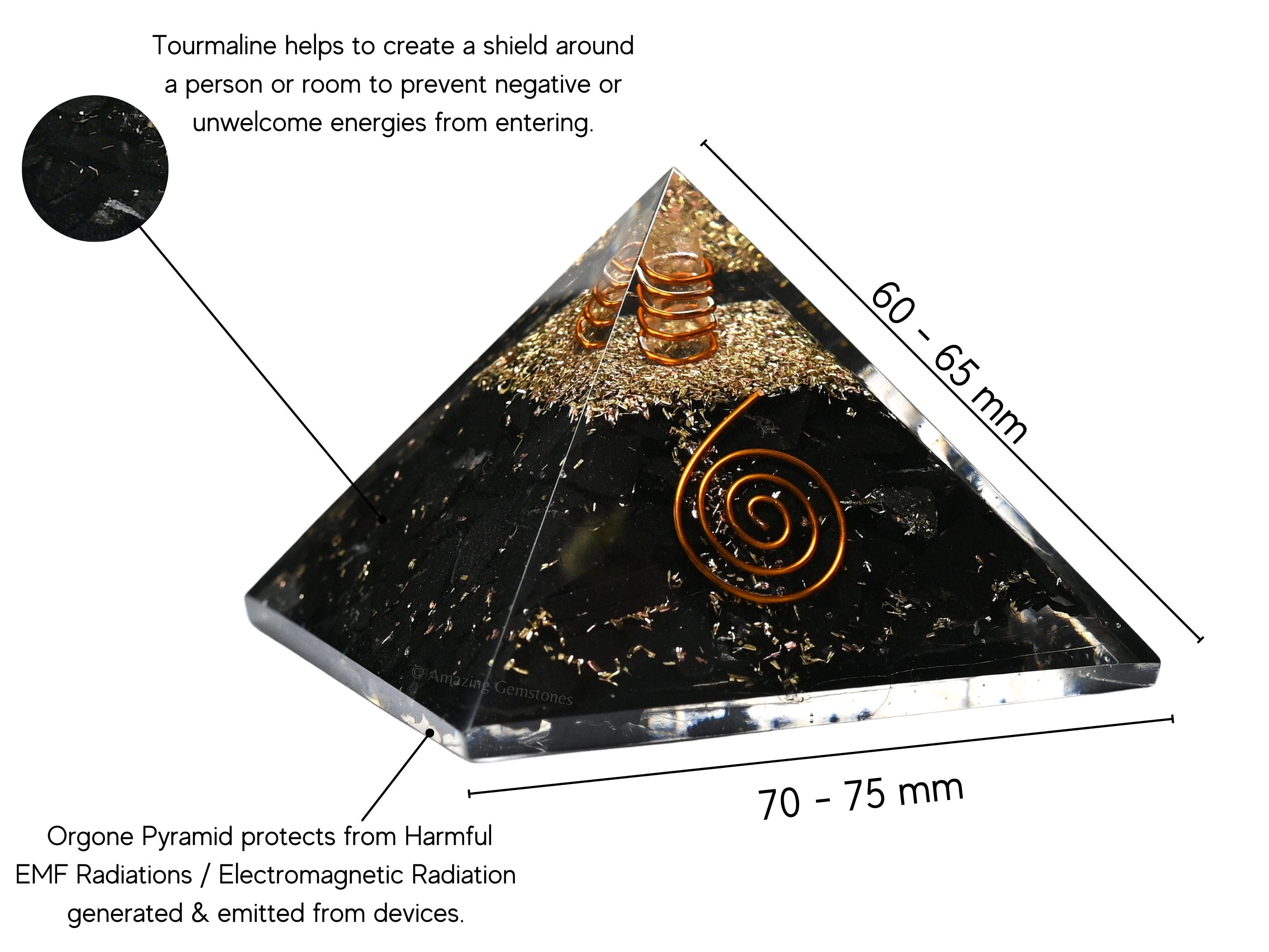 Shungite Orgonite Pyramid: Healing Copper Coil, EMF Protection (Free Pouch)
