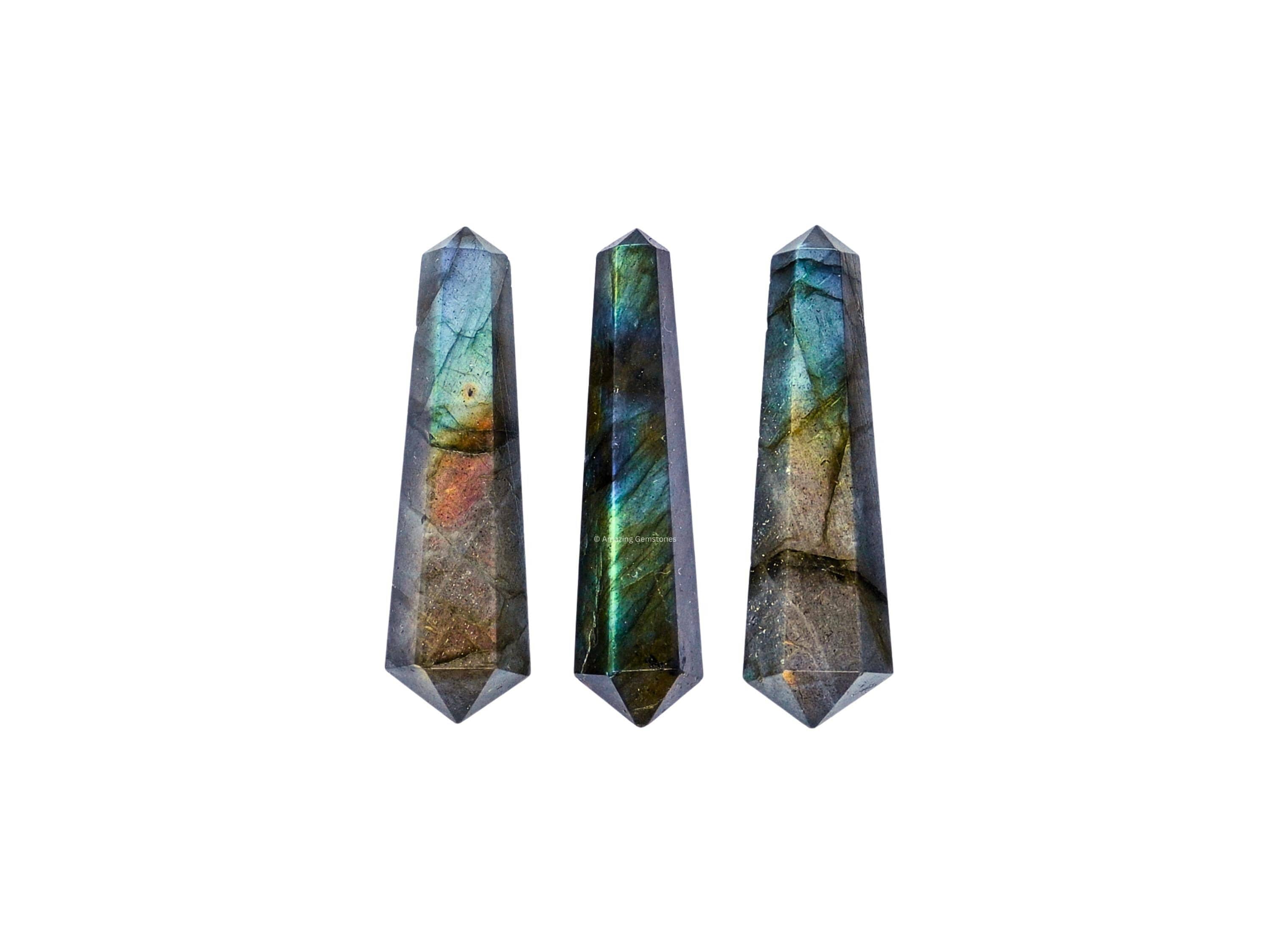 Labradorite Healing Crystal Double Point, Pack of 3 Pencil Point Terminated Crystals, Bulk Point for Craft, Crystal Grid (Free Velvet Pouch)