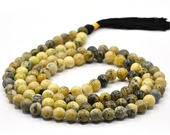 Serpentine Mala Prayer Beads Necklace, Healing Crystal Meditation Japa Mala, Natural 108 Buddhist Mala Beads Necklace (Free Velvet Pouch)