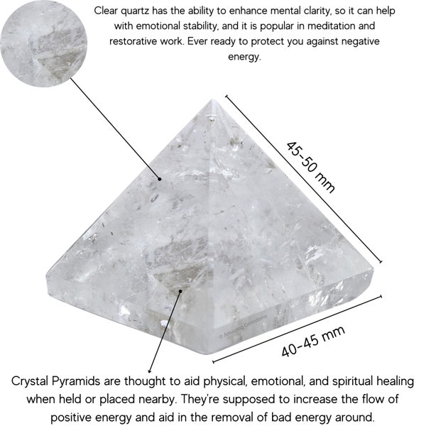 Clear Quartz Healing Crystal Pyramid for Meditation, Handmade Pyramid for Home Office Decor, Healing Crystals and Stones (Free Velvet Pouch)