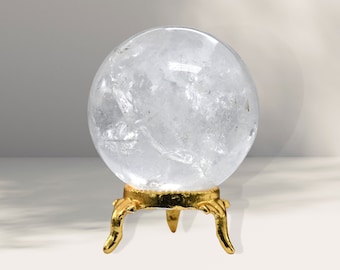 Clear Quartz Crystal Ball Sphere, Brass Stand, Healing Stone