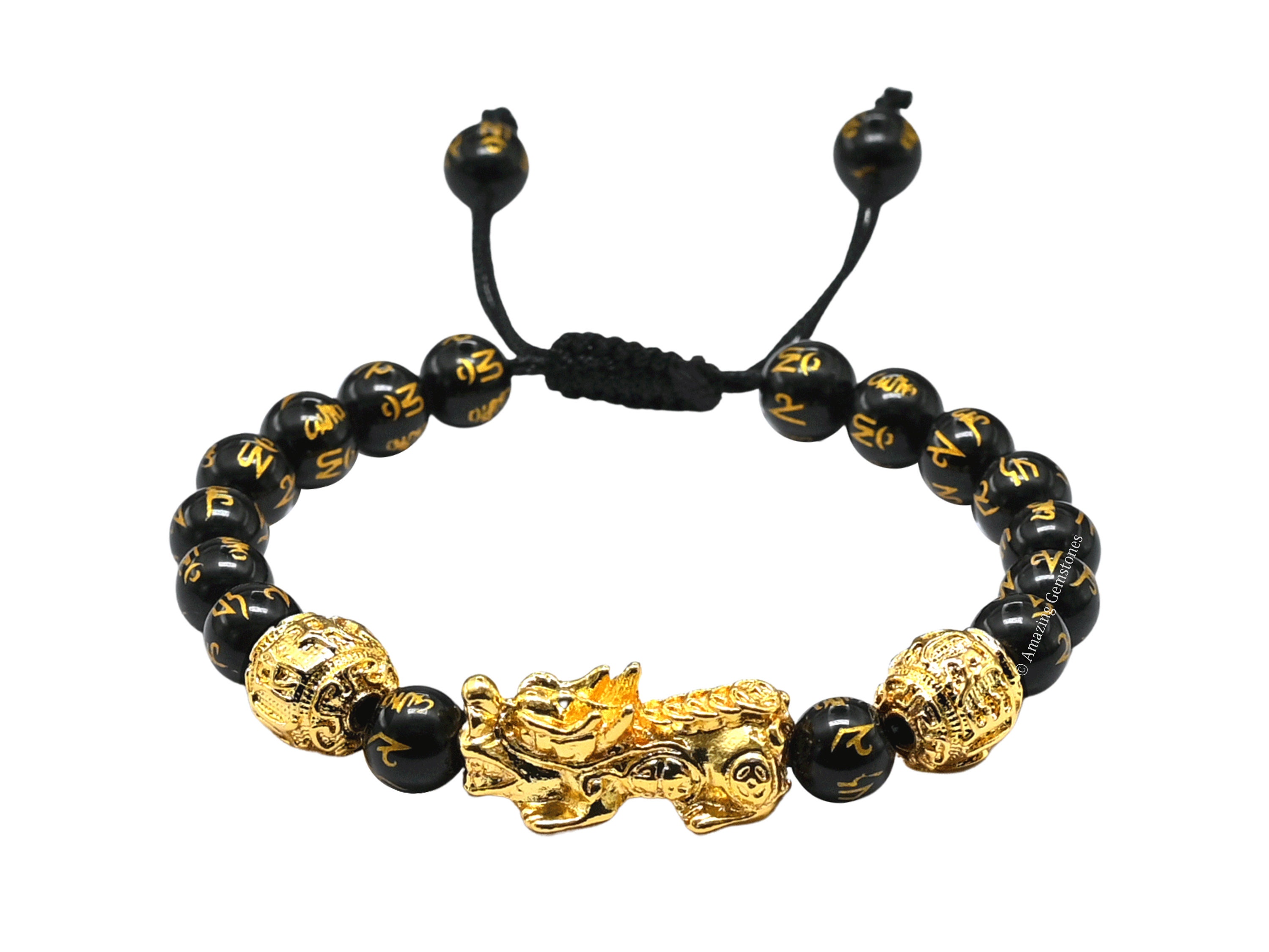 STARWAVE Bracciale Portafortuna Feng Shui In Ossidiana Con Pixiu - Bracciale Unisex Con Perline Nere E Oro (Buona Fortuna E Ricchezza)