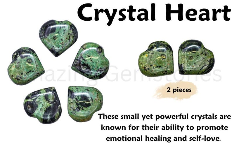 Puede incluir: Cristales en forma de coraz&oacute;n, con patrones verdes y negros. La imagen incluye el texto "Crystal Heart" y "2 piezas". El texto tambi&eacute;n menciona que los cristales son conocidos por promover la curaci&oacute;n emocional y el amor propio.