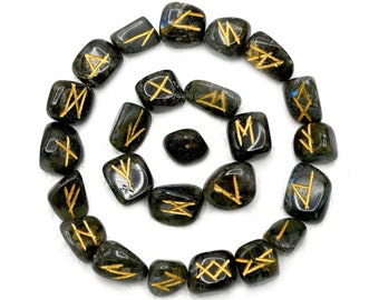 Labradorite Engraved Elder Futhark Runes Set, Crystal Healing