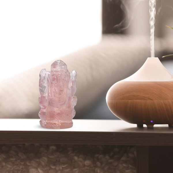 Rose Quartz Crystal Ganesha Statue, Healing Crystal Ganesha Idol for Car Dashboard, Home Office Table Decor (Free Velvet Pouch)