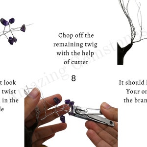 K&ouml;nnte beinhalten: Eine Schritt-f&uuml;r-Schritt-Anleitung zum Erstellen eines drahtgewickelten Amethyst-Blattes. Das Bild zeigt eine Hand, die ein drahtgewickeltes Amethyst-Blatt und eine Nagelschere h&auml;lt. Der Text im Bild lautet: "Schneiden Sie den restlichen Zweig mit Hilfe einer Zange ab".