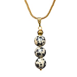 Dalmatian Jasper 3 Bead Necklace Pendant, Unique Men & Women Jewelry, Crystal Chain Necklace with Dalmatian Jasper Bead (Free Velvet Pouch)
